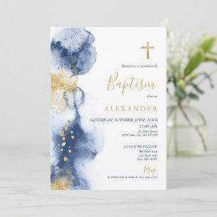 Navy & Gold Watercolor Boy Baptism Invitation