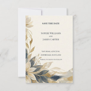 Navy Gold Watercolor Floral Save The Date Card