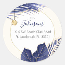 Navy &amp; Gold Watercolor Greenery Tropical Holiday Classic Round Sticker