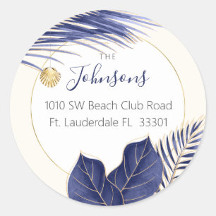 Navy & Gold Watercolor Greenery Tropical Holiday Classic Round Sticker