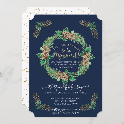 Navy Gold Watercolor Holly Wreath Bridal Shower Invitation