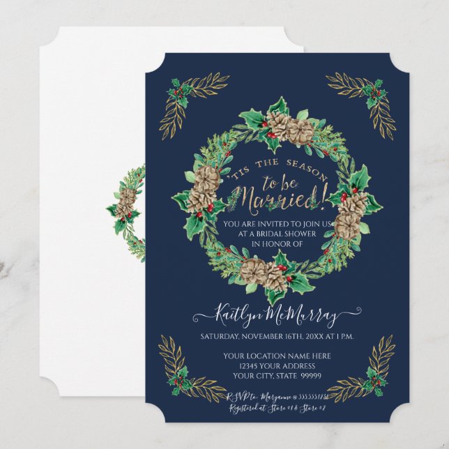 Navy Gold Watercolor Holly Wreath Bridal Shower Invitation (Front/Back)