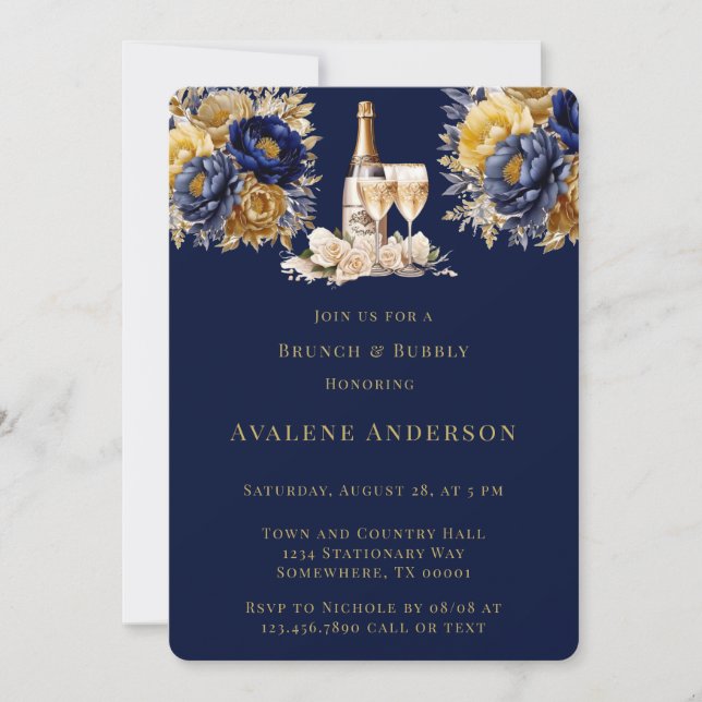 Navy Gold Watercolor Peony Brunch and Bubbly Invitation (Front)