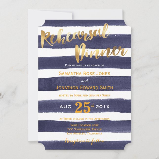 Navy Gold Watercolor Stripes Rehearsal Dinner Invitation (Front)