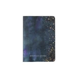 Navy Gold Watercolor Texture   Add Your Name Passport Holder
