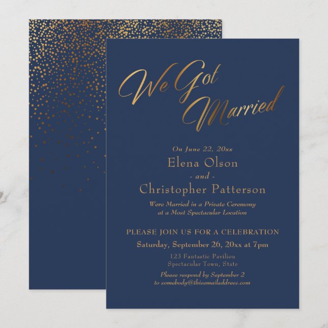Navy & Gold We Got Married Confetti Reception Invitation (Front/Back)