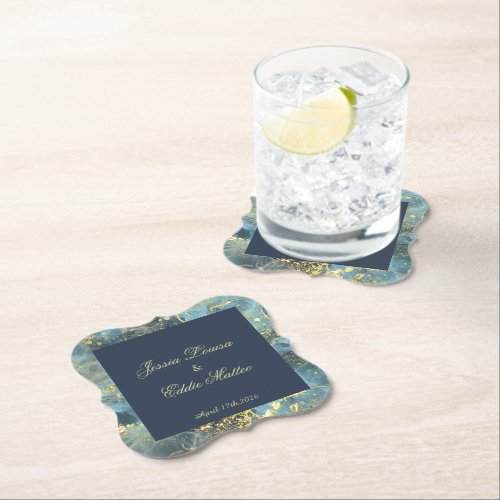 Navy  Gold Wedding Paper Coaster