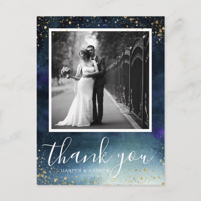 Navy Gold Wedding Photo Thank You Postcard (Front)