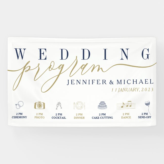 Navy Gold Wedding Program Custom Icons Timeline Banner