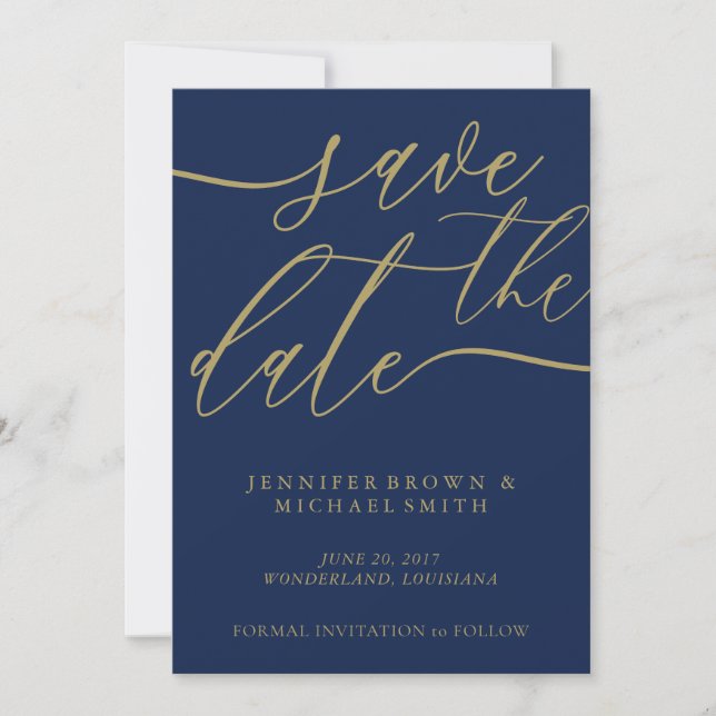 Navy Gold Wedding Save Date Photo Calligraphy Save The Date (Front)