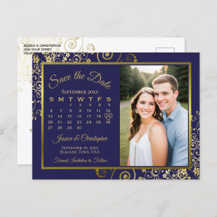 Navy & Gold Wedding Save the Date Calendar Photo Announcement Postcard