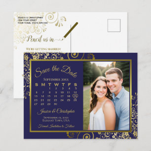 Navy & Gold Wedding Save the Date Calendar Photo Announcement Postcard
