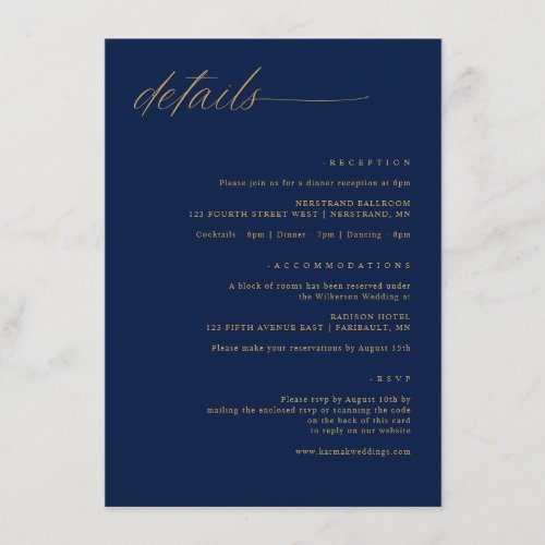 Navy Gold Wedding Soft Delicate Romantic Details Enclosure Card