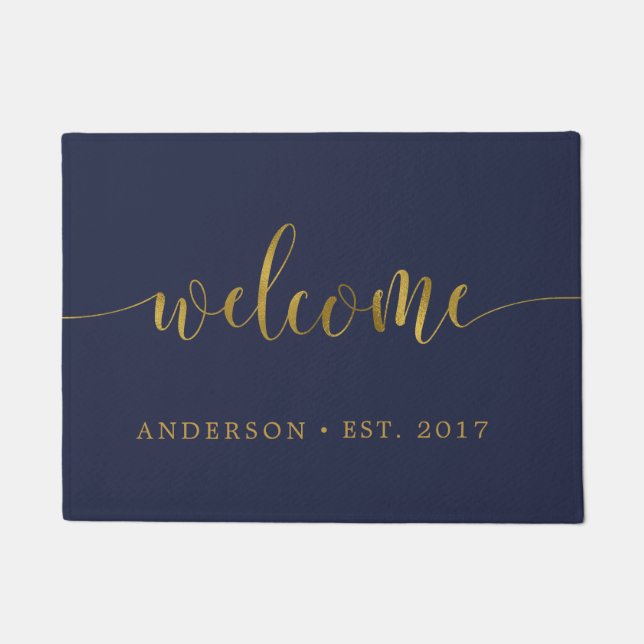 Navy Gold Welcome Calligraphy Personalized Doormat (Front)