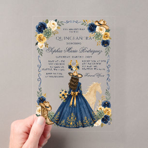 Navy Gold Western Horse Floral Charra Quinceañera Acrylic Invitations