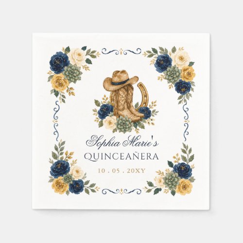 Navy Gold Western Horse Floral Charra Quinceañera Napkins