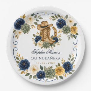 Navy Gold Western Horse Floral Charra Quinceañera Paper Plates
