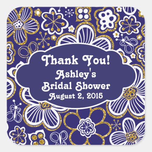 Navy Gold Whimsical Floral Thank You Bridal Shower Square Sticker