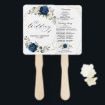 Navy Gold White Champagne Ivory Geometric Program Hand Fan<br><div class="desc">Dark navy blue floral wedding program fan featuring elegant bouquet of navy blue, royal blue , white , gold, champagne ivory, blush color rose , hydrangea, ranunculus, peony, flower buds and sage green eucalyptus leaves and elegant watercolor with round glitter geometric neutral frame. Please contact me for any help in...</div>