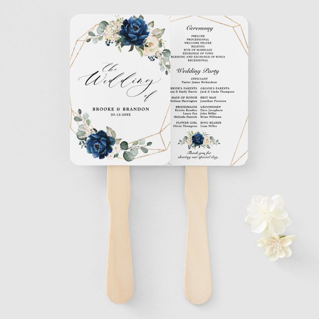 Navy Gold White Champagne Ivory Geometric Program Hand Fan (Front and Back)
