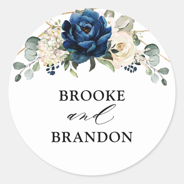 Navy Gold White Champagne Ivory Geometric Wedding Classic Round Sticker (Front)