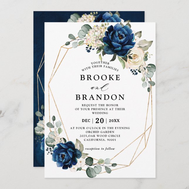 Navy Gold White Champagne Ivory Geometric Wedding Invitation (Front/Back)