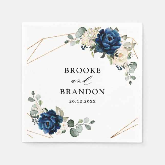 Navy Gold White Champagne Ivory Geometric Wedding Napkins (Front)