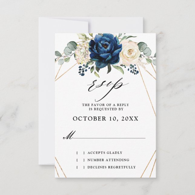 Navy Gold White Champagne Ivory Geometric Wedding RSVP Card (Front)