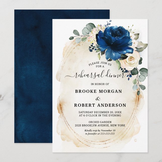 Navy Gold White Champagne Ivory Rehearsal Dinner Invitation (Front/Back)