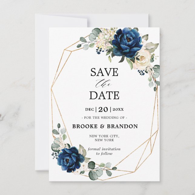 Navy Gold White Champagne Ivory Rose Save the Date (Front)