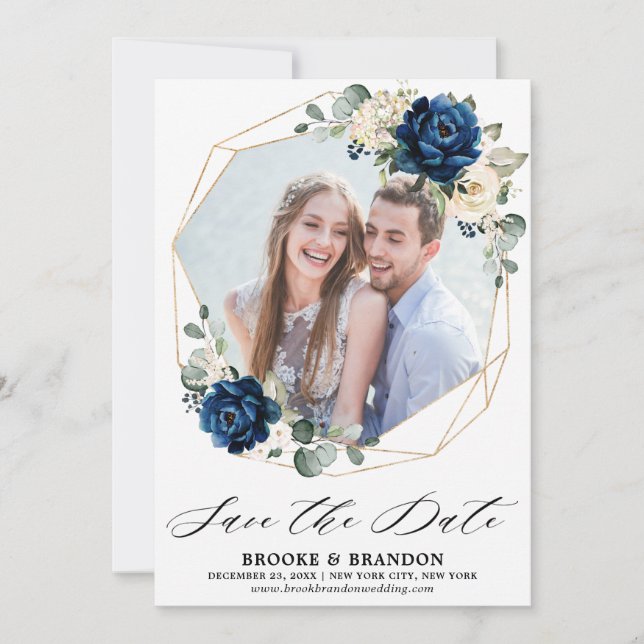 Navy Gold White Champagne Ivory Rose Save The Date (Front)