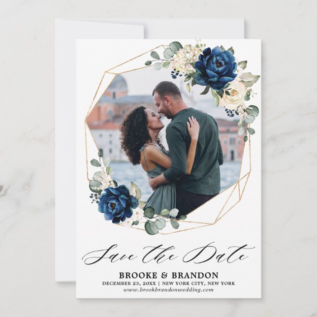 Navy Gold White Champagne Ivory Rose Save The Date (Front)