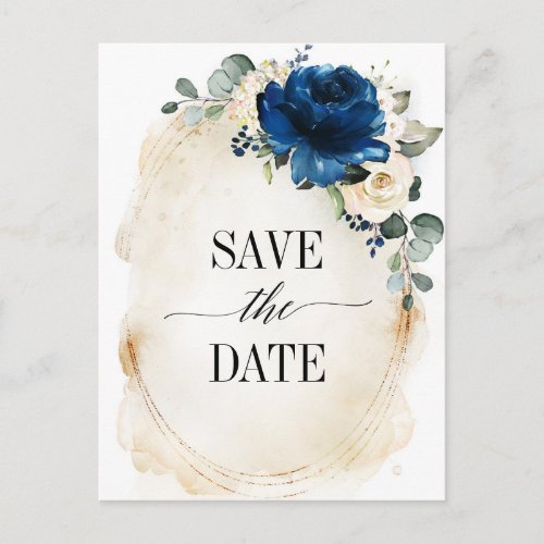 Navy Gold White Champagne Ivory Rose Save the Date Postcard