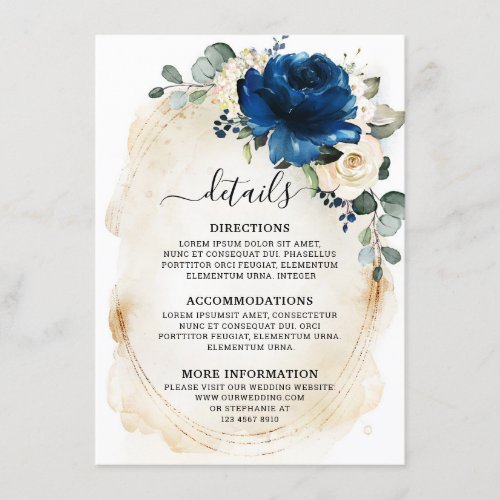 Navy Gold White Champagne Ivory Roses Details Enclosure Card