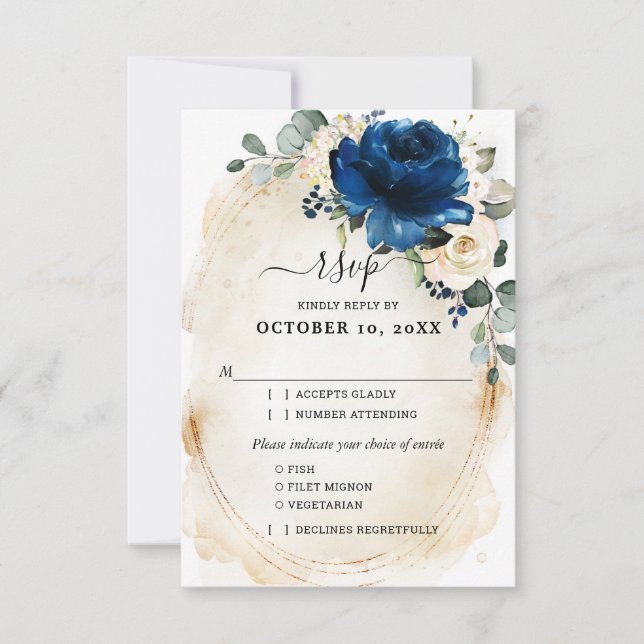 Navy Gold White Champagne Ivory Roses RSVP (Front)
