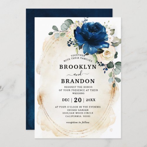 Navy Gold White Champagne Ivory Roses Wedding Invitation