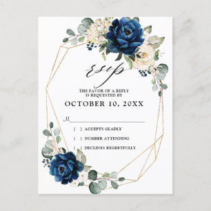 Navy Gold White Champagne Ivory Roses Wedding RSVP Postcard