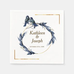Navy Gold White Elegant Blue Birds Wedding Napkins