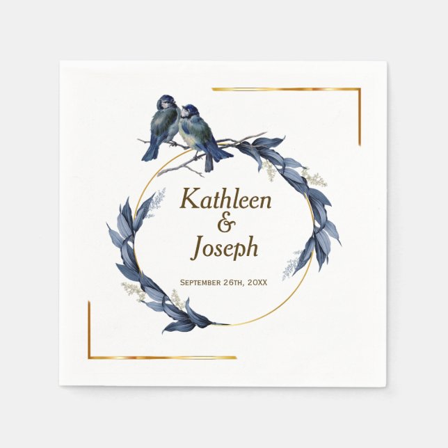 Navy Gold White Elegant Blue Birds Wedding Napkins (Front)