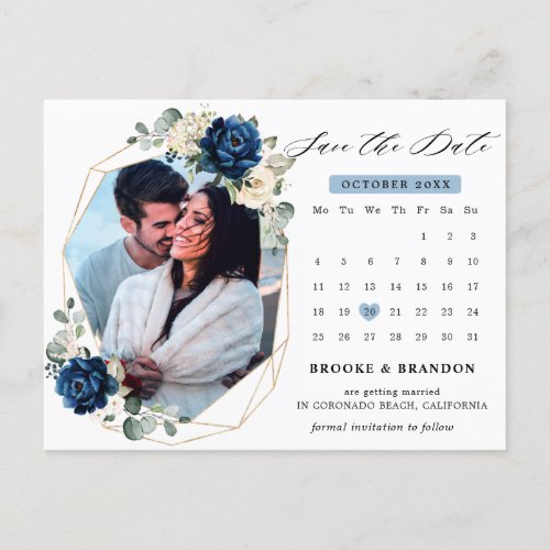 Navy Gold White Ivory Geometric Save the date Postcard