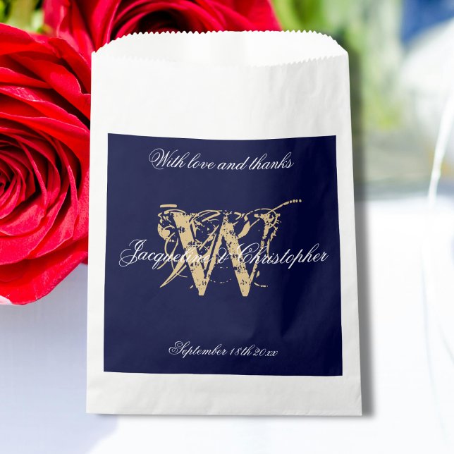 Navy Gold White Monogram +Names Thank You Wedding  Favor Bag (Navy, Gold and White, Monogram plus Bride and Groom Names "With Love and Thanks" Wedding Favor Bag.)
