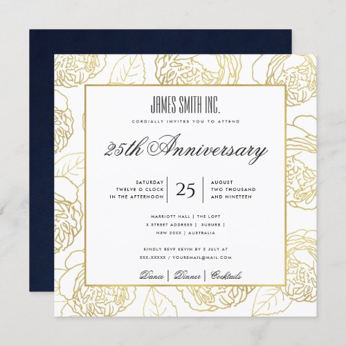NAVY GOLD WHITE ROSE FLORAL CORPORATE PARTY EVENT INVITATION