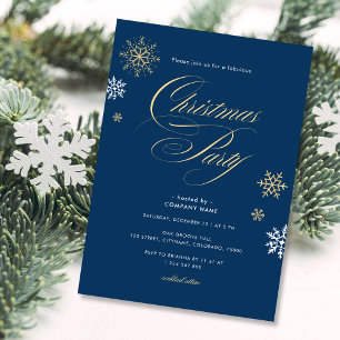 Navy Gold White Snowflake Office Christmas Party Invitation