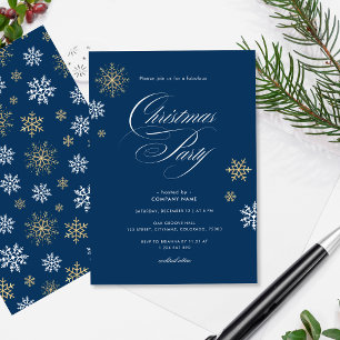 Navy Gold White Snowflake Office Christmas Party Invitation