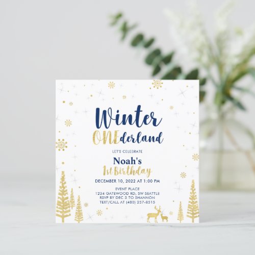 Navy  Gold Winter Onederland 1st First Birthday Invitation