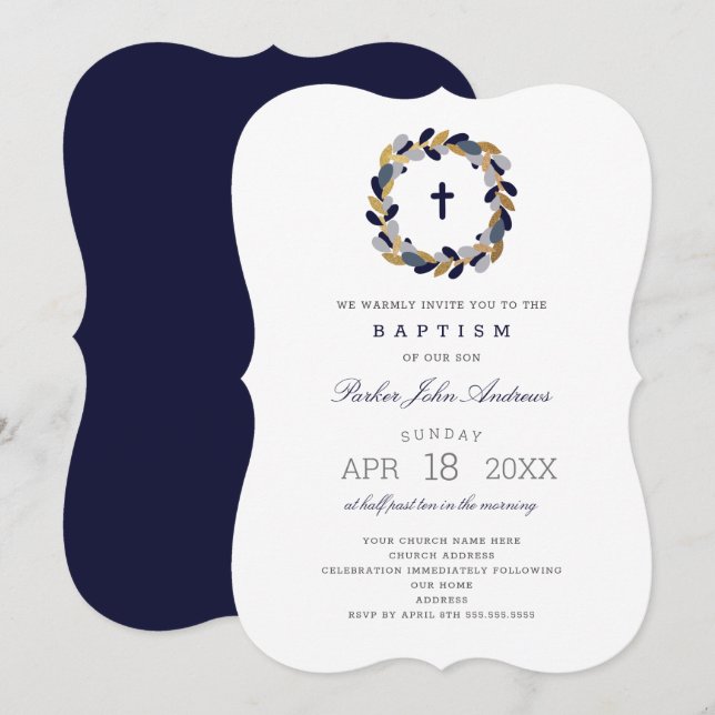Navy Gold Wreath boy baptism invitation (Front/Back)