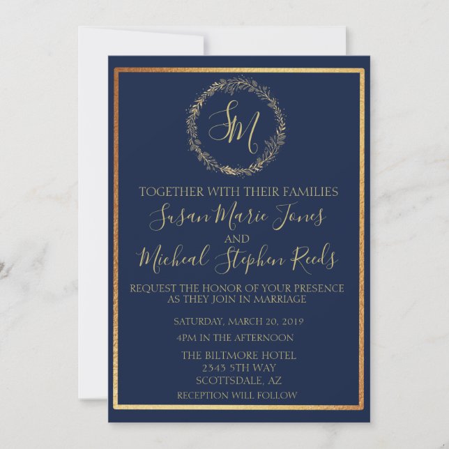 Navy Gold Wreath Monogram Calligraphy Wedding Invitation (Front)