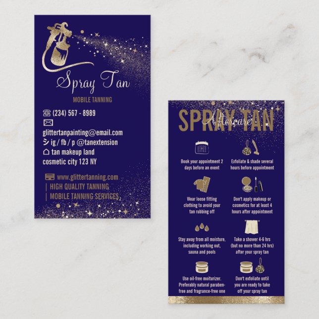 Navy Golden Aftercare Instructions Spray Tanning Business Card (Front/Back)