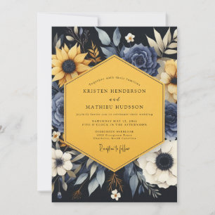 Navy Golden Botanical Wedding Invitation