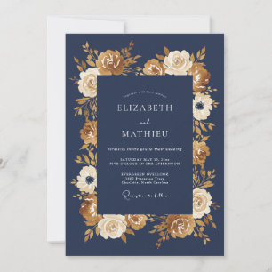 Navy Golden Floral Autumn Wedding Invitation